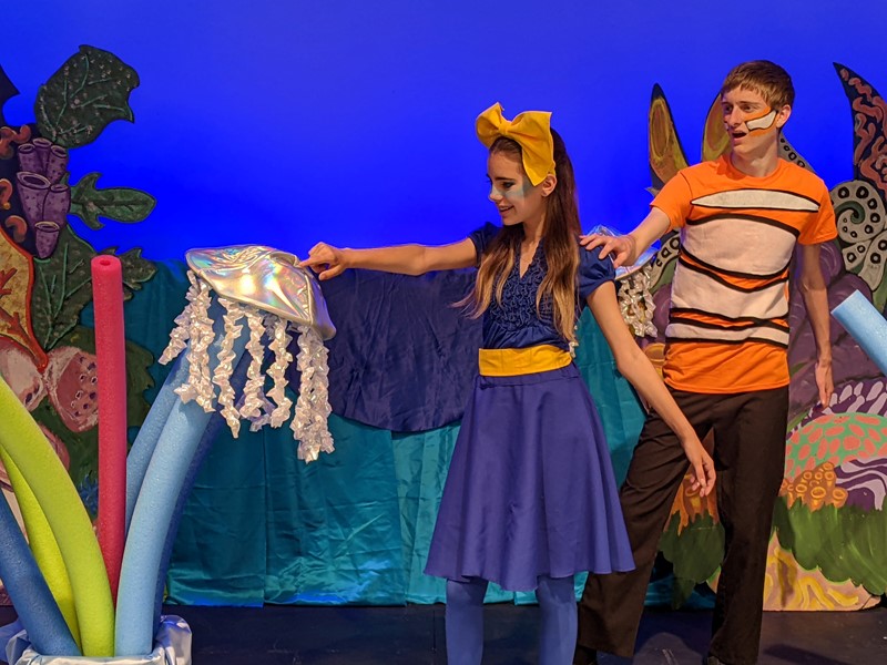 "Ooh something Shiny..."  "Dory - don't touch it!"  Come see what happens next in DMTC's presentation of Finding Nemo Jr.  Dory (Ellie Irish), Marlin (Alex Richmond)